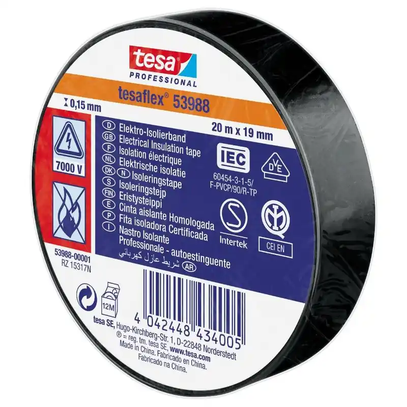 Tesa 53988 Isoleringstejp Svart IEC 19mm (20m per rulle) Snabb leverans