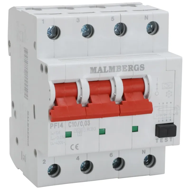 Premium Personskyddsbrytare, A-Typ, 3P+N, C10A, 30mA, 400V, Malmbergs 2160557